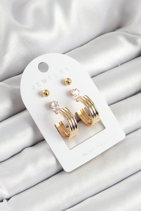 Brass Zircon Stone and Ring Figured Gold Color 3-Piece Pair Women's Earring Set