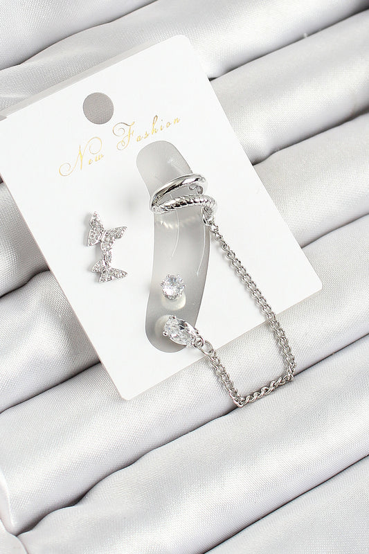 Brass Butterfly Figured Zircon Stone Silver Color 3-Piece Cartilage Women's Earring Set