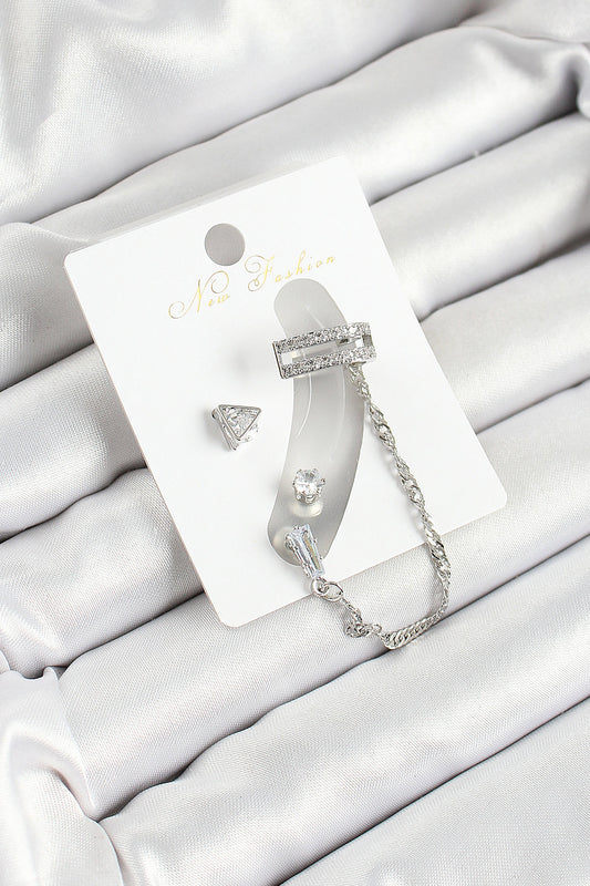 Brass Triangle Figured Zircon Stone Silver Color 3-Piece Cartilage Women's Earring Set