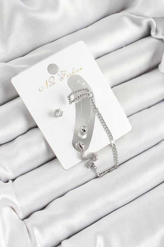 Brass Snake Figured Zircon Stone Silver Color 3-Piece Cartilage Women's Earring Set