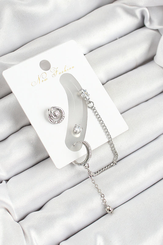 Brass Ring Figured Zircon Stone Silver Color 3-Piece Cartilage Women's Earring Set