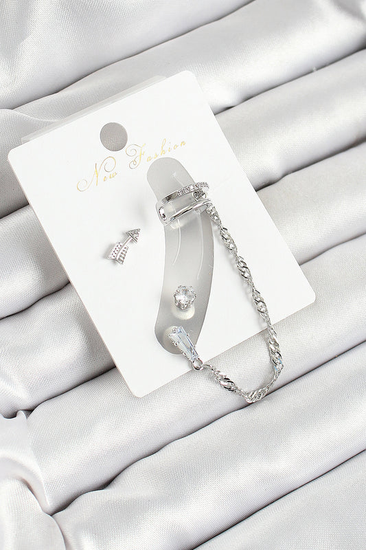 Brass Arrow Figured Zircon Stone Silver Color 3-Piece Cartilage Women's Earring Set