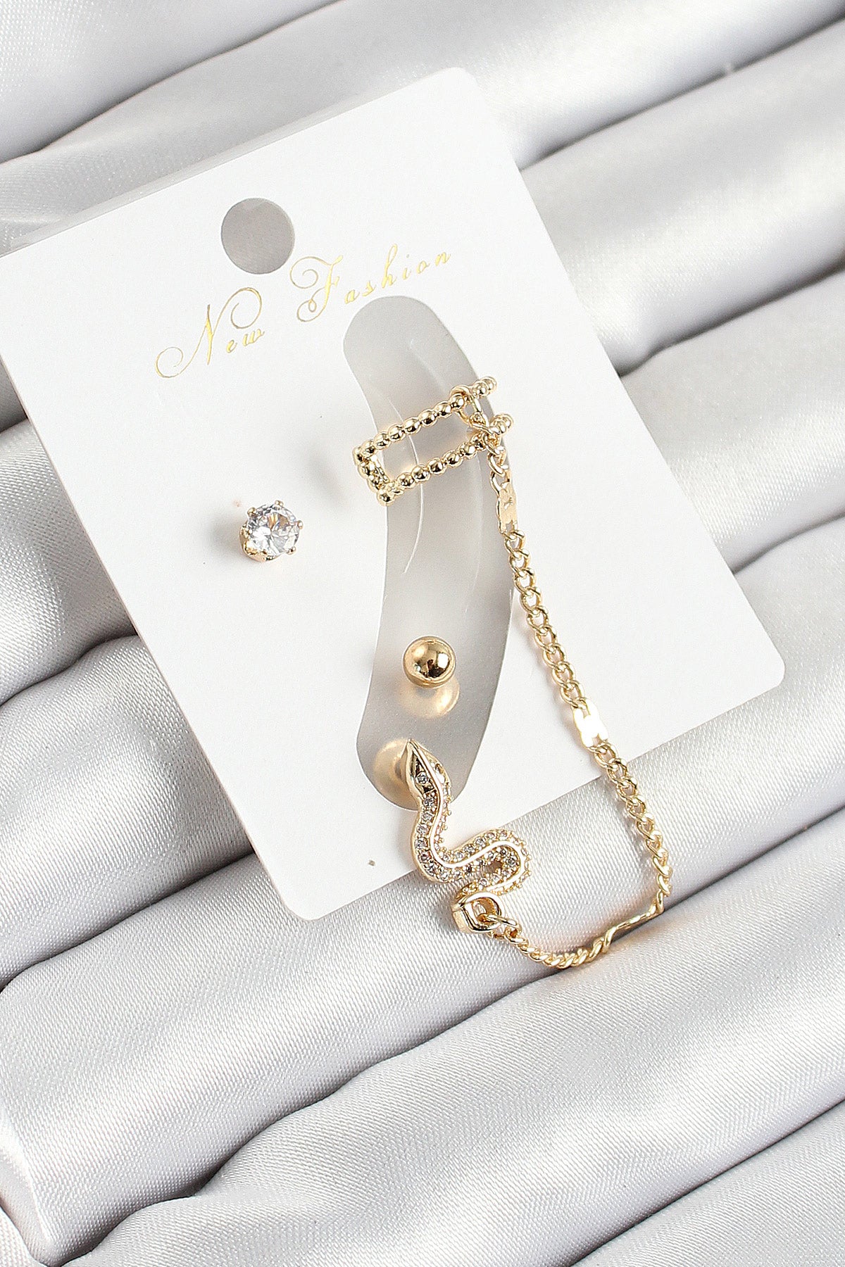 Brass Snake Figured Zircon Stone Gold Color 3-Piece Cartilage Women's Earring Set