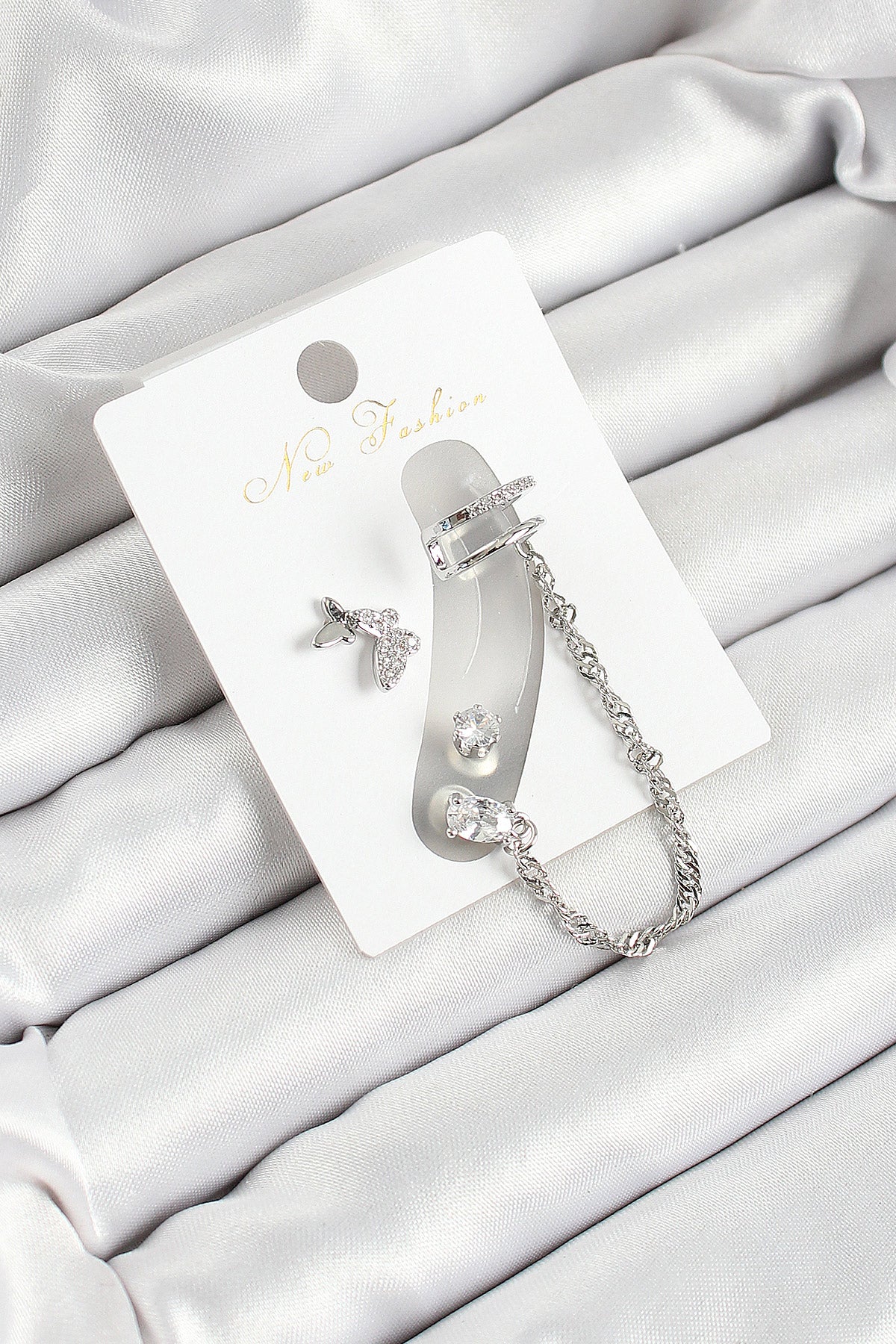 Brass Butterfly Figured Zircon Stone Silver Color 3-Piece Cartilage Women's Earring Set