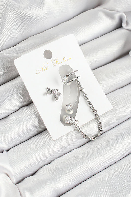 Brass Butterfly Figured Zircon Stone Silver Color 3-Piece Cartilage Women's Earring Set