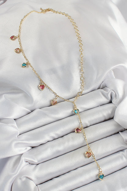 Pirinç Asorti Kalp Model Gold Renk Zirkon Taşlı Y Kolye