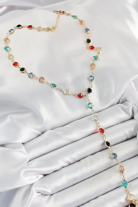 Brass Gold-Tone Y-Shaped Women's Necklace with Zircon Detail