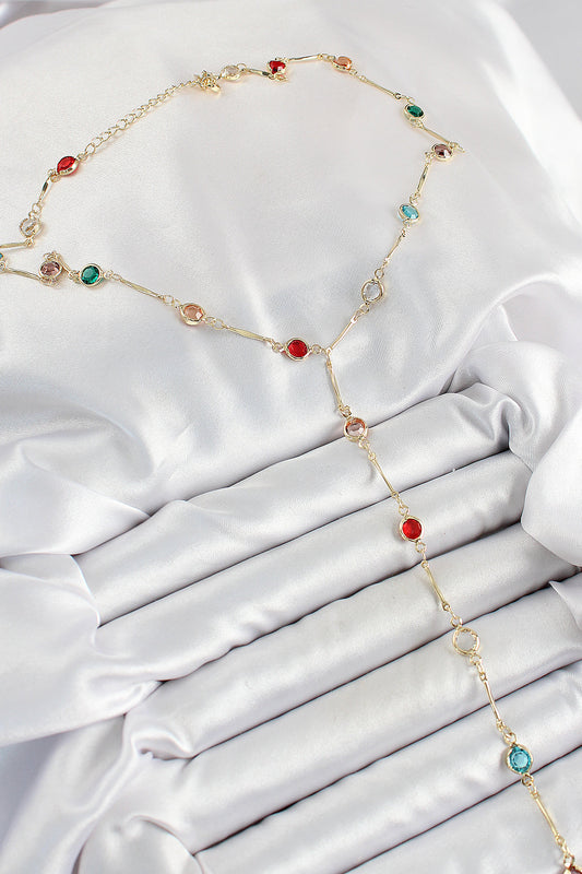 Brass Gold-Tone Y-Shaped Women's Necklace with Zircon Detail