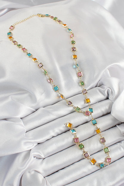 Pirinç Asorti Kare Model Gold Renk Zirkon Taşlı Y Kolye