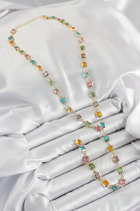 Brass Gold-Tone Square Y-Shaped Women's Necklace with Zircon Detail