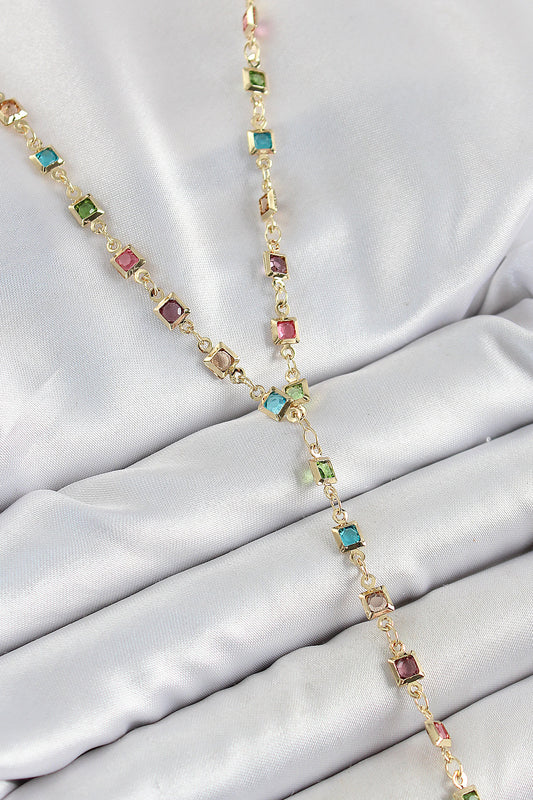 Pirinç Asorti Kare Model Gold Renk Zirkon Taşlı Y Kolye