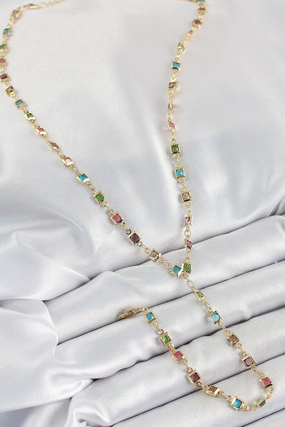 Pirinç Asorti Kare Model Gold Renk Zirkon Taşlı Y Kolye