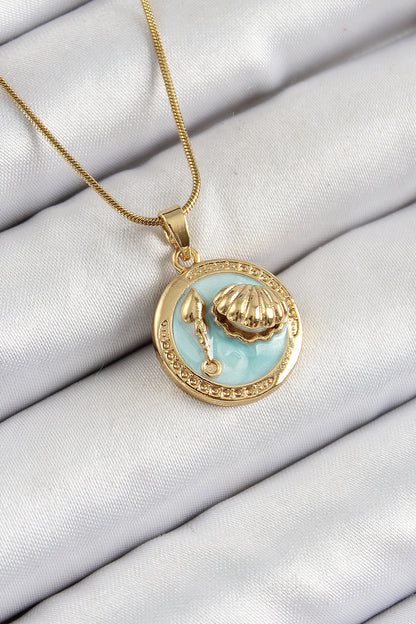 316L Çelik Zincir Turkuaz Mineli Sanatsal Portre İstiridye Model Gold Renk Kadın Kolye