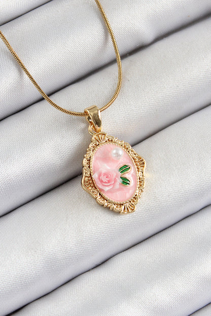316L Çelik Zincir Pembe Sanatsal Portre İnci Detaylı Gül Figürlü Model Gold Renk Kadın Kolye