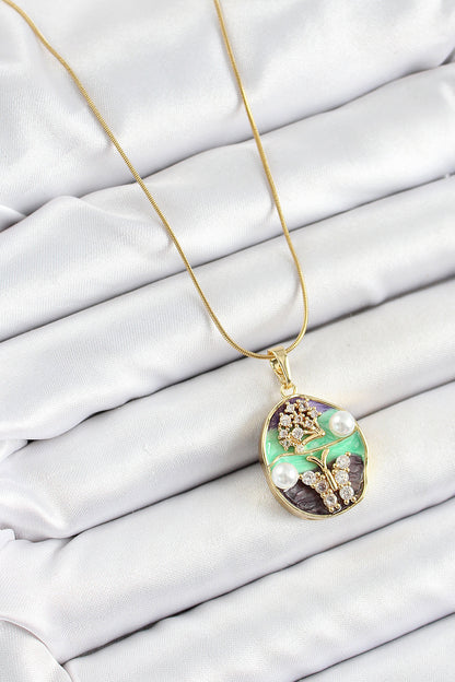 316L Çelik Zincir Zirkon Taşlı Yeşil Mor Sanatsal Portre İnci Detaylı Ağaç Ve Kelebek Figürlü Model Gold Renk Kadın Kolye