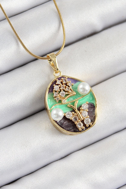 316L Çelik Zincir Zirkon Taşlı Yeşil Mor Sanatsal Portre İnci Detaylı Ağaç Ve Kelebek Figürlü Model Gold Renk Kadın Kolye
