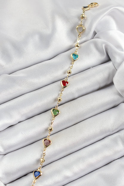 Pirinç Asorti Kalp Model Gold Renk Zirkon Taşlı Kadın Bileklik