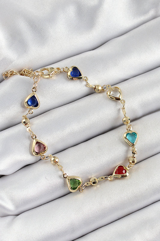 Pirinç Asorti Kalp Model Gold Renk Zirkon Taşlı Kadın Bileklik