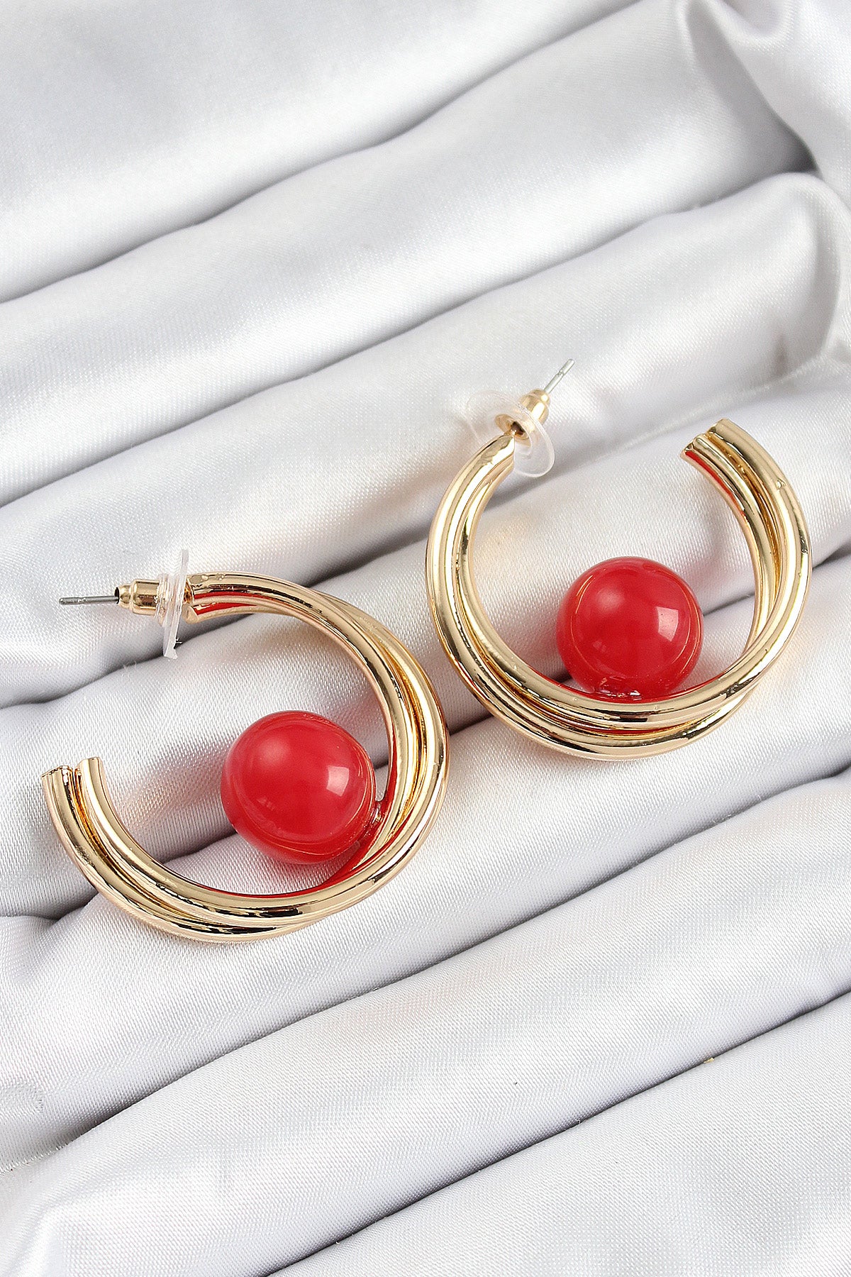 Brass Gold Color Hoop Model Red Bead Detail Women's Earrings