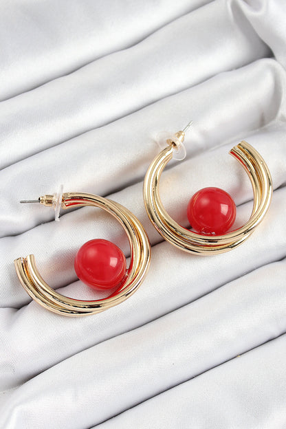 Brass Gold Color Hoop Model Red Bead Detail Women's Earrings