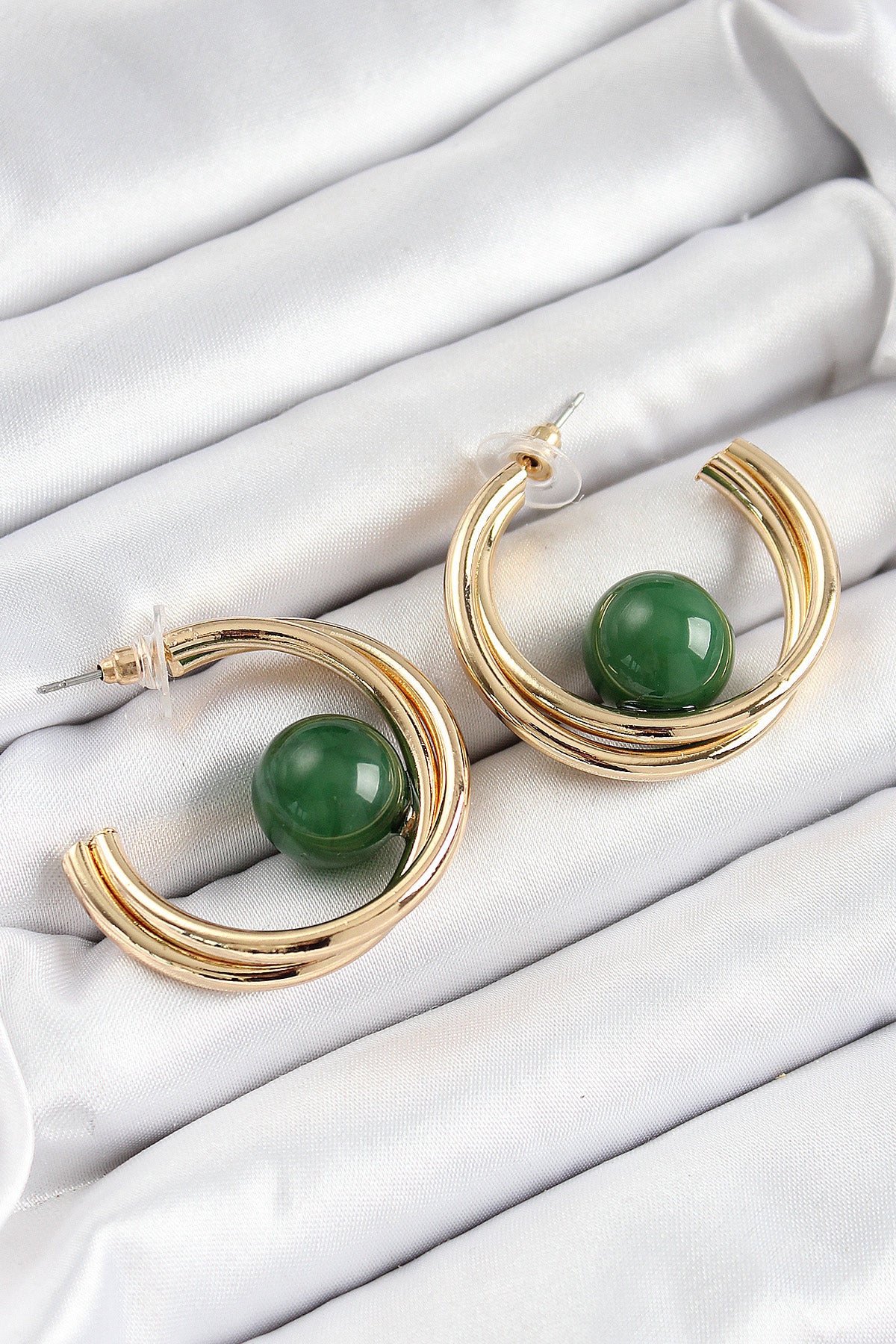 Brass Gold Color Hoop Model Green Bead Detail Women's Earrings
