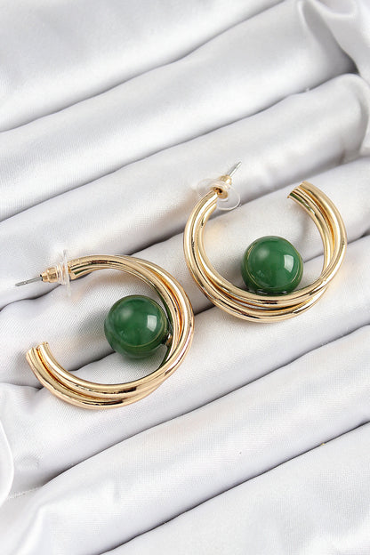 Brass Gold Color Hoop Model Green Bead Detail Women's Earrings