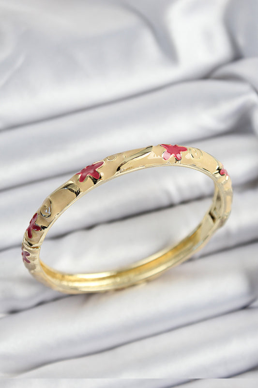 Mineli Pirinç Pembe Ve Krem Çiçek Motifli Gold Renk Kadın Kelepçe