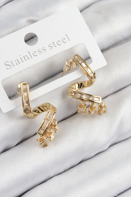 Pirinç Zirkon Taşlı Kıvrımlı Model Gold Renk Kadın Küpe