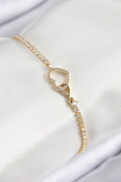 Pirinç Zirkon Taşlı Sonsuzluk Kalp Model Gold Renk Kadın Bileklik