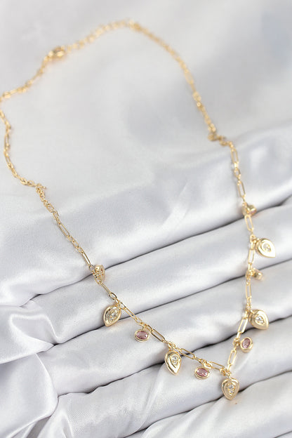 Pirinç Zirkon Taşlı Sallantılı Damla Model Gold Renk Kadın Kolye