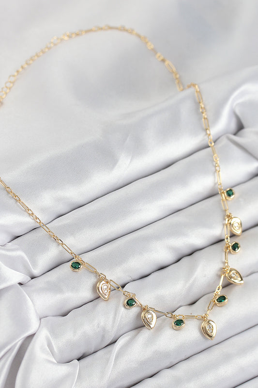 Pirinç Zirkon Taşlı Sallantılı Damla Model Gold Renk Kadın Kolye