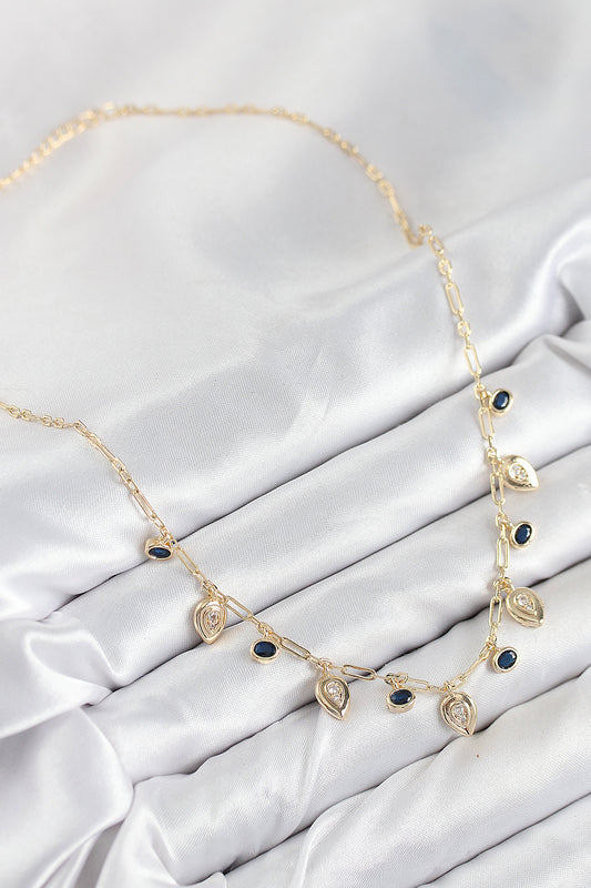 Pirinç Zirkon Taşlı Sallantılı Damla Model Gold Renk Kadın Kolye