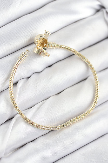 Pirinç Charm Zirkon Taşlı Taç Model Gold Renk Kadın Bileklik