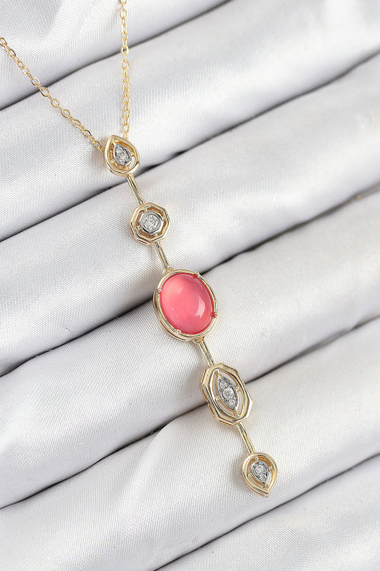 Pirinç Zincir Pembe Gold Renk Zirkon Taşlı Y Kolye