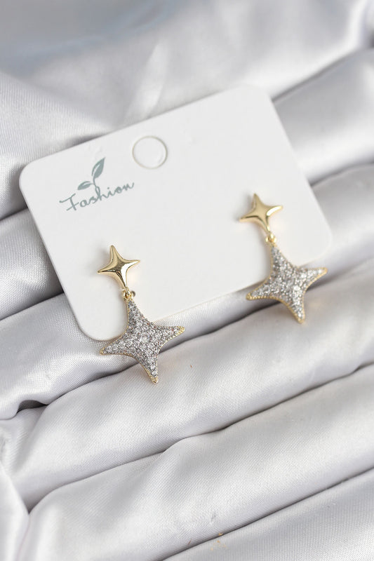 Brass Gold-Tone North Star Star Women's Earrings with Zircon Detail