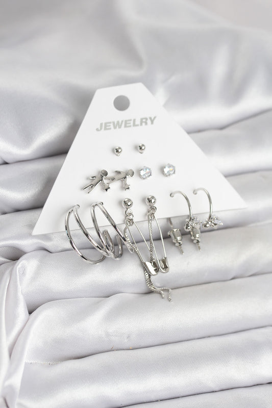Brass Silver-Tone 6-Pair Women's Earrings Set