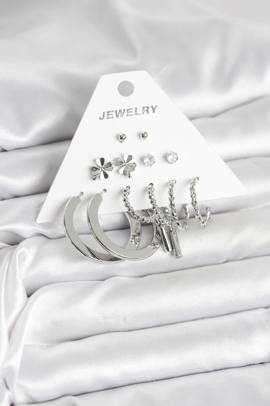 Brass Silver-Tone 6-Pair Women's Earrings Set