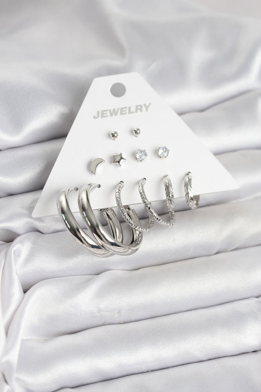 Brass Silver-Tone Hoop 6-Pair Women's Earrings Set