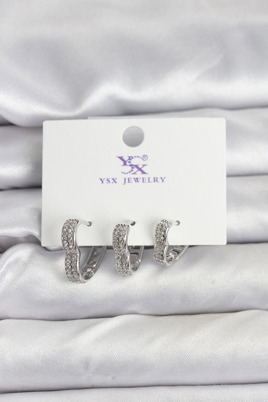 Brass Silver-Tone Heart Women's Earrings with Zircon Detail