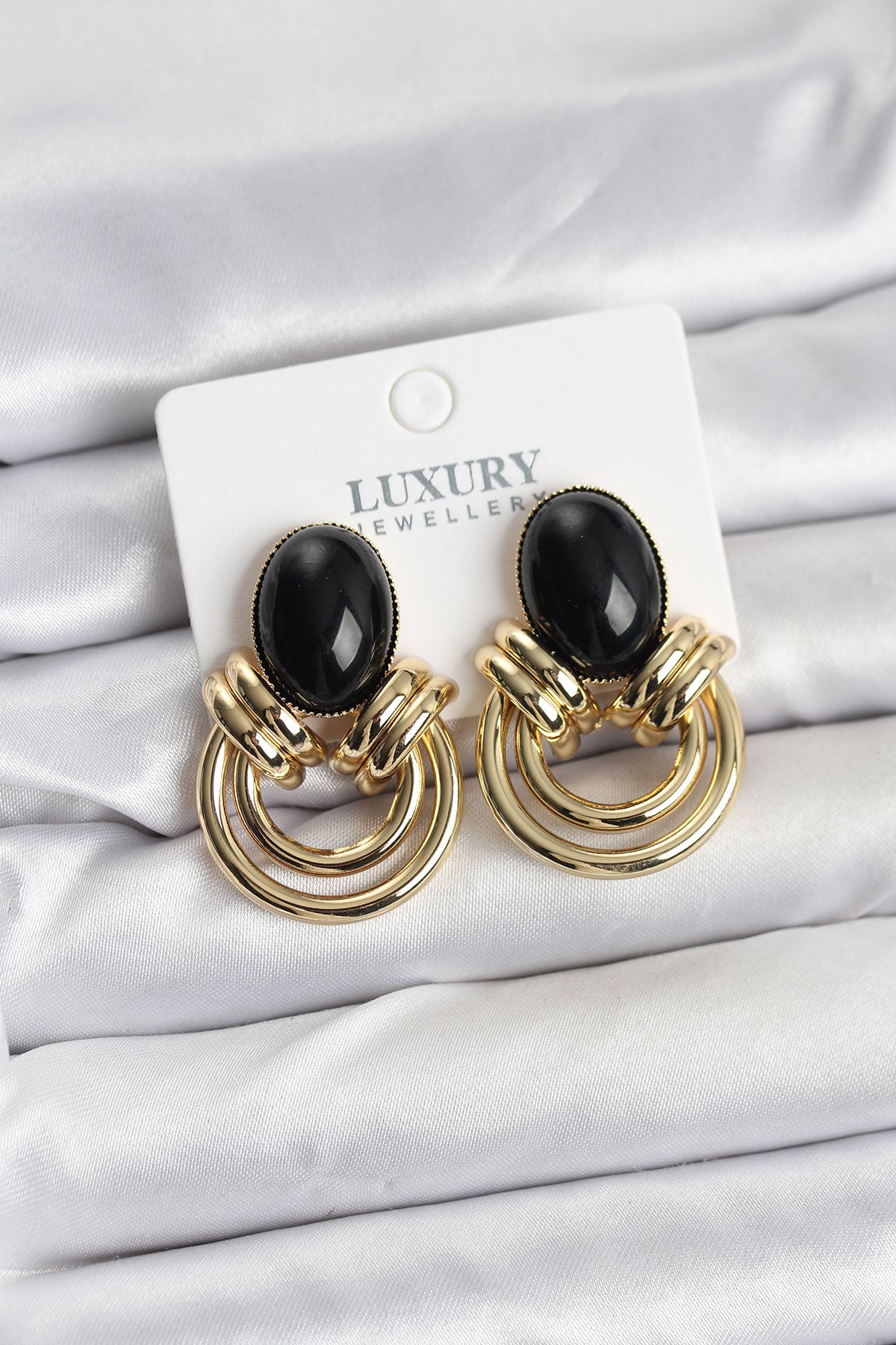 Brass Gold-Tone Black Vintage-Inspired Women's Earrings with Stone Detail