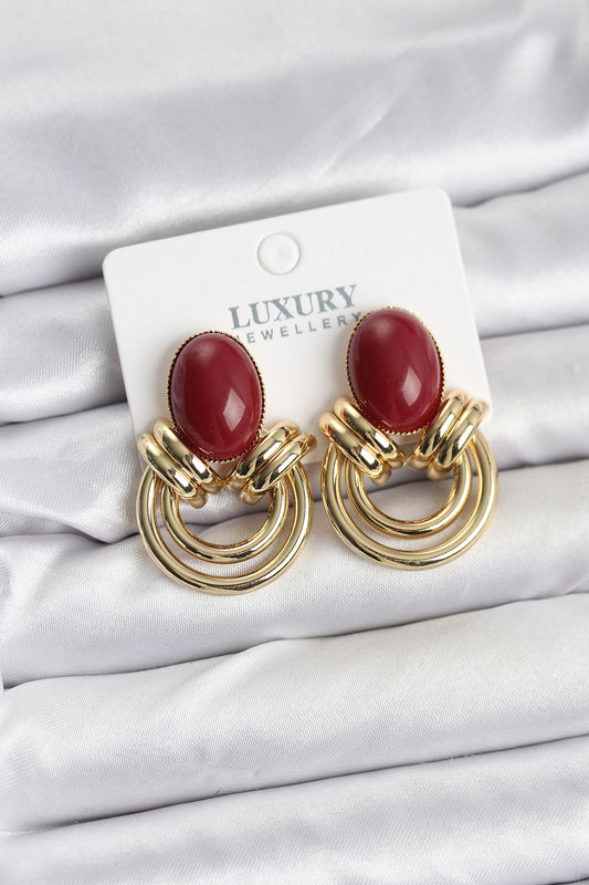 Brass Gold-Tone Burgundy Vintage-Inspired Women's Earrings with Stone Detail