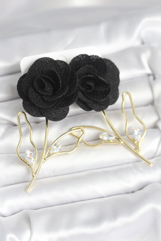 Brass Gold-Tone Black Rose Women's Earrings