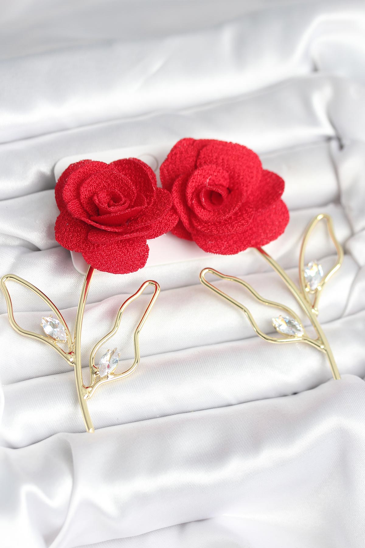 Brass Gold-Tone Red Rose Women's Earrings