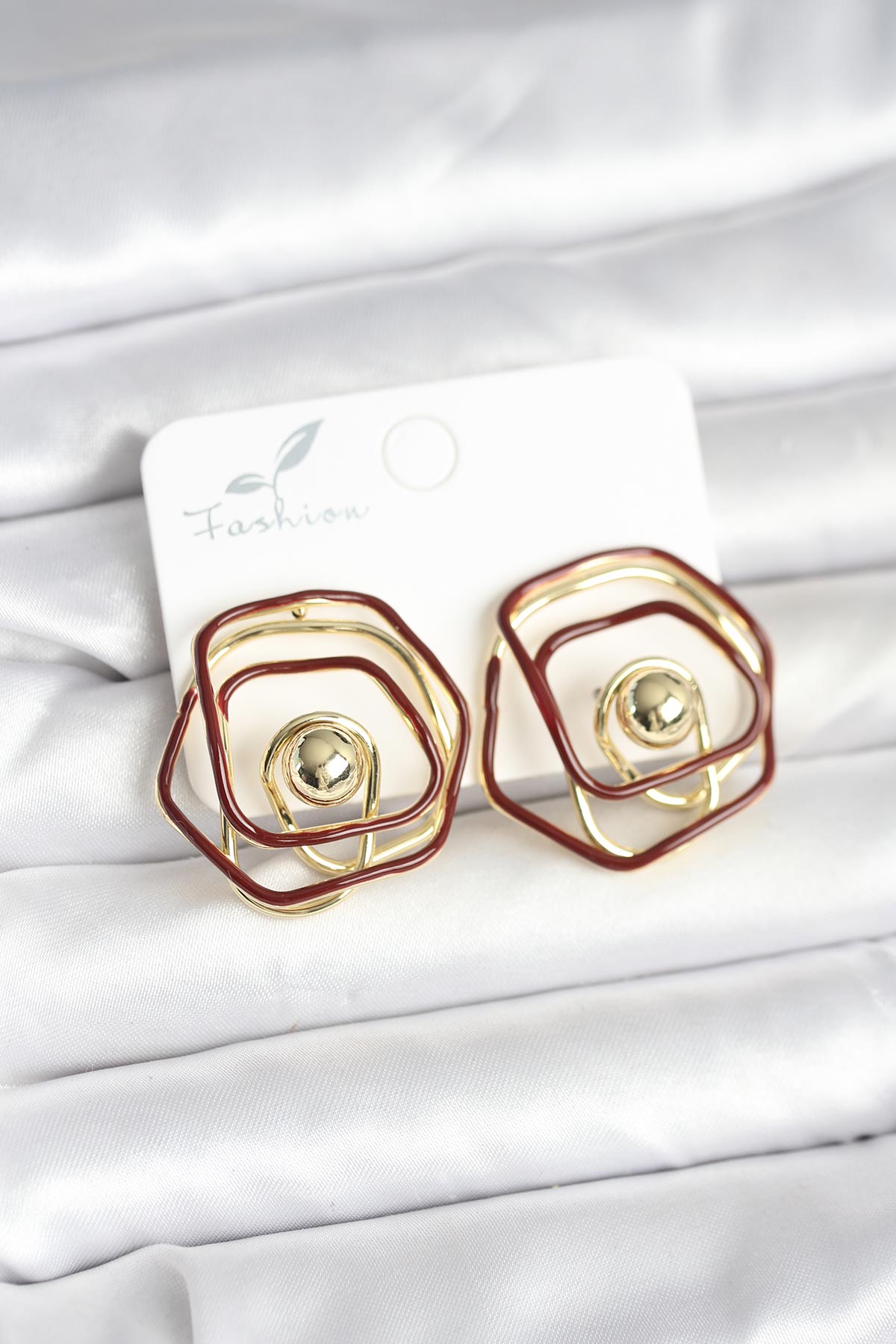 Brass Gold-Tone Burgundy Geometric Rose Women's Earrings with Enamel Detail