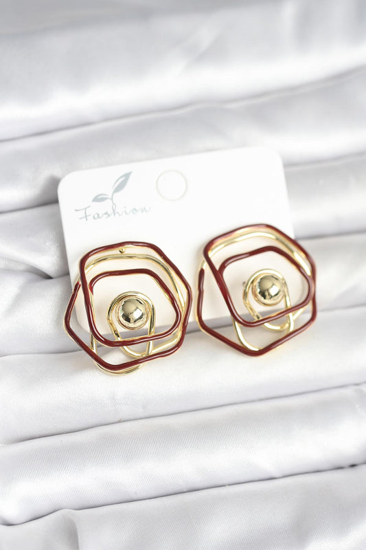 Brass Gold-Tone Burgundy Geometric Rose Women's Earrings with Enamel Detail