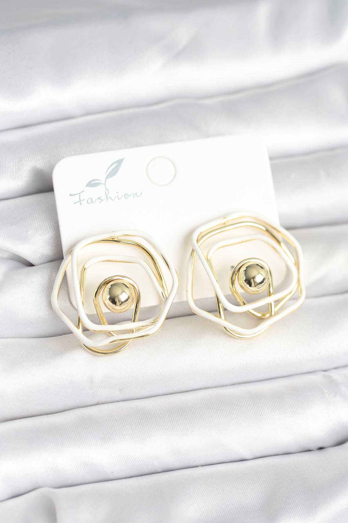 Brass Gold-Tone White Geometric Rose Women's Earrings with Enamel Detail