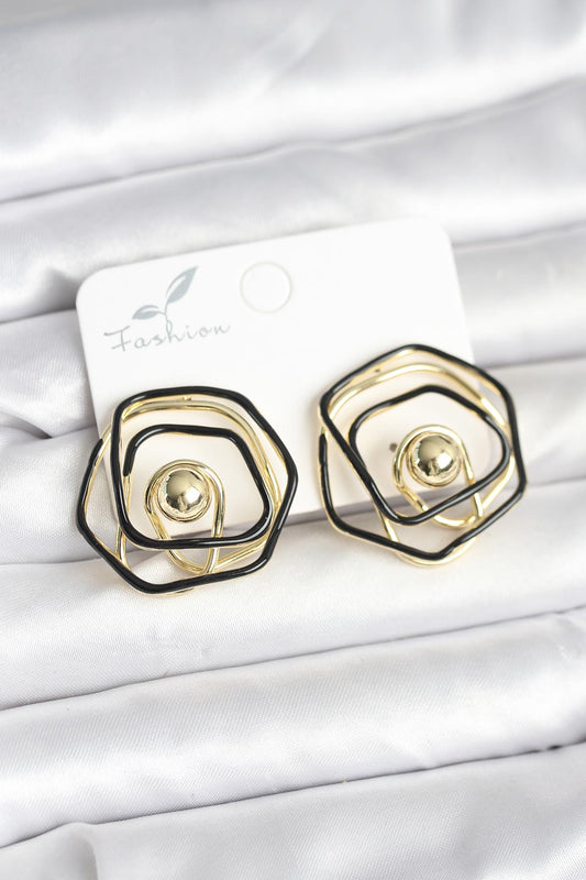 Brass Gold-Tone Black Geometric Rose Women's Earrings with Enamel Detail