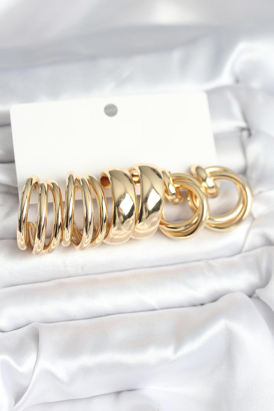 Brass Gold-Tone Vintage-Inspired 3-Pair Women's Earrings Set