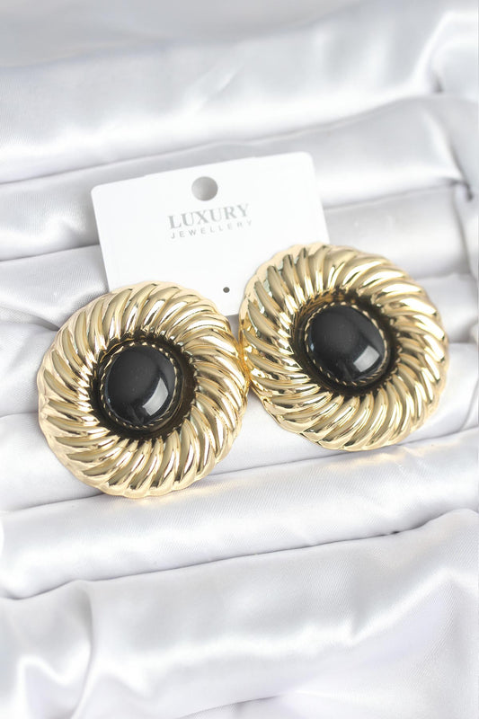 Brass Gold-Tone Black Vintage-Inspired Women's Earrings