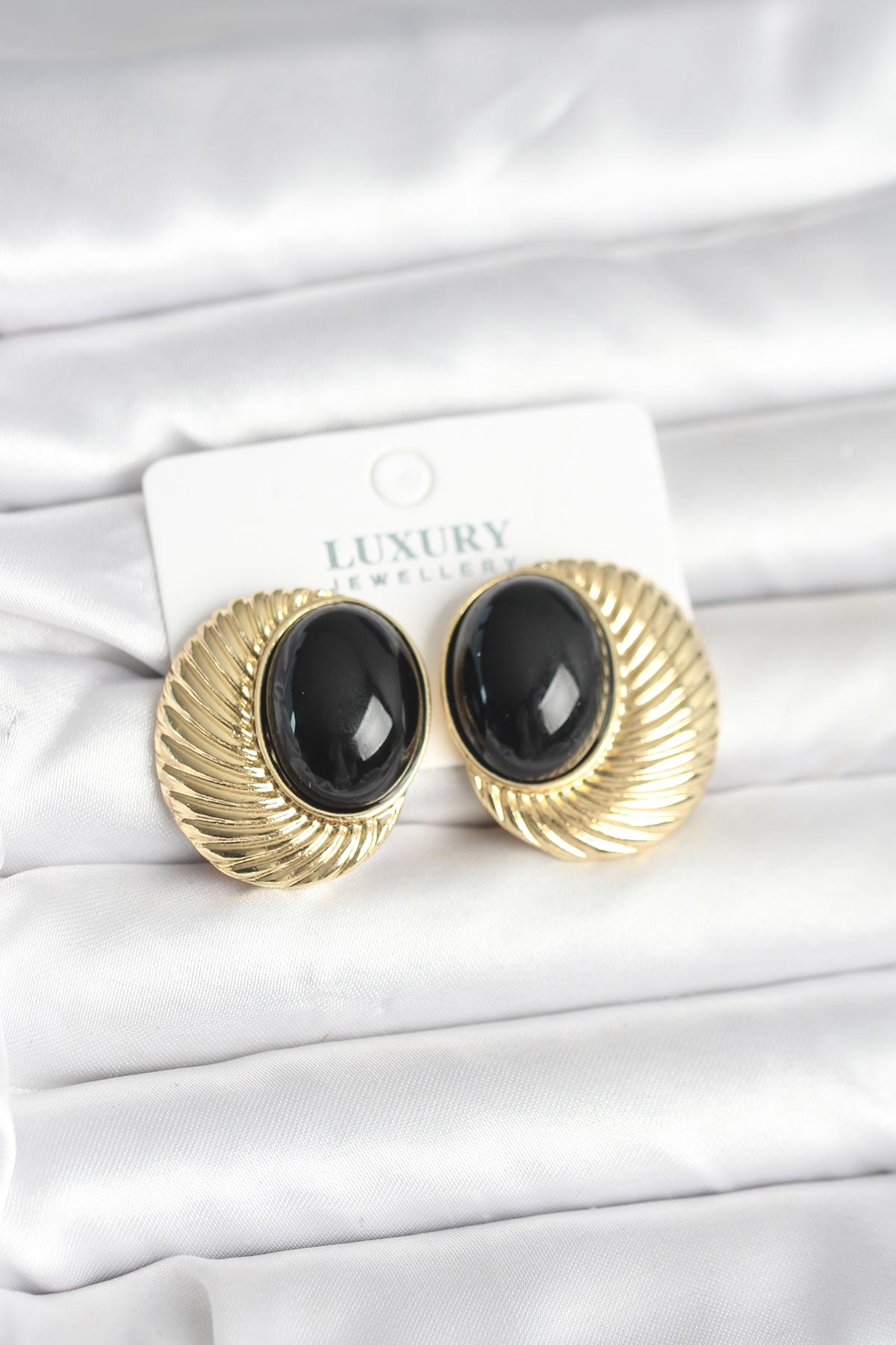 Brass Gold-Tone Black Vintage-Inspired Women's Earrings